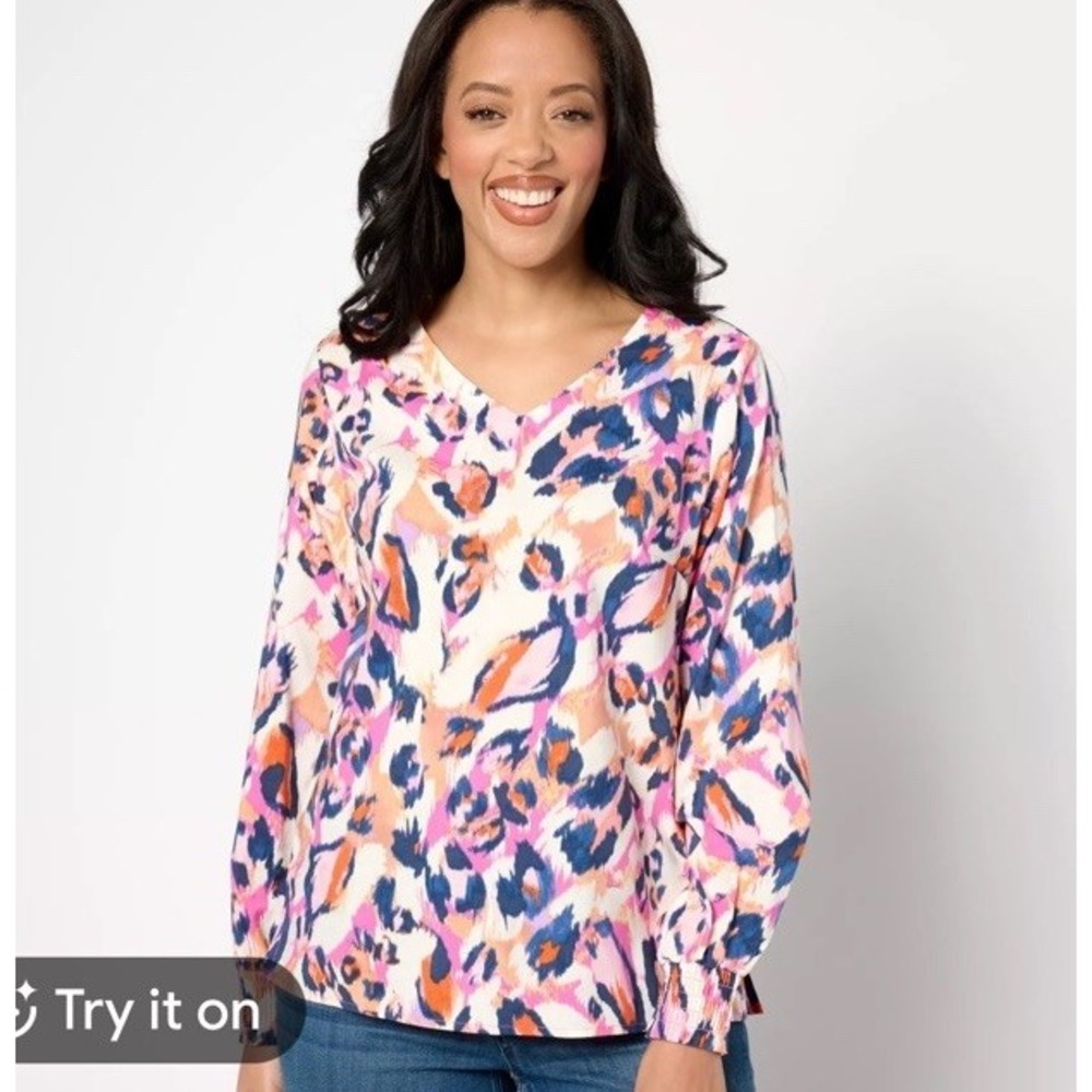 Belle Kim Gravel Vibrant Abstract Animal Print Smocked Sleeve Women's Top XS New - Picture 2 of 10